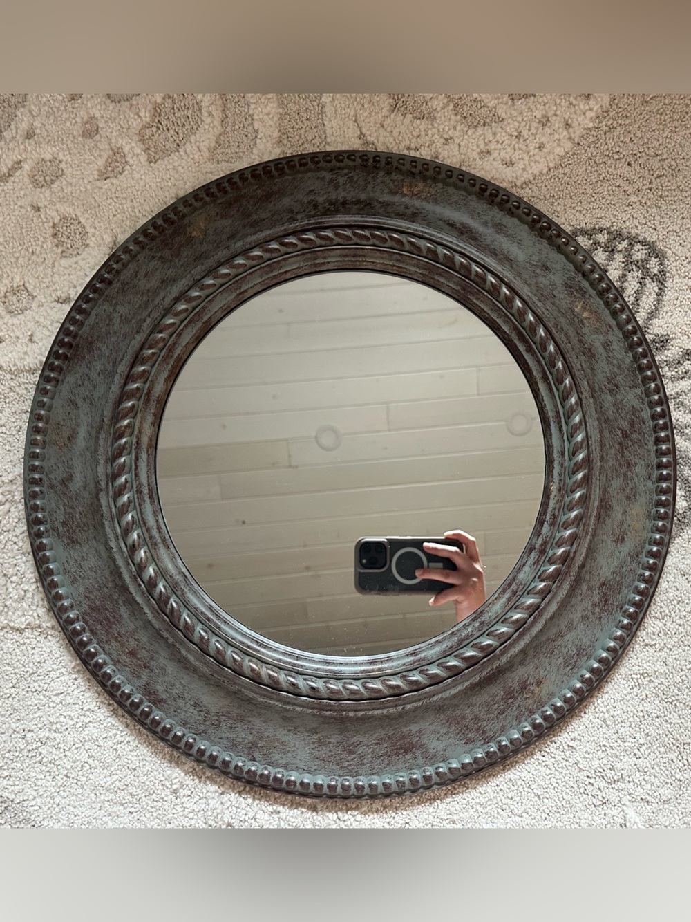 Round Distressed Plastic Wall Mirror - Green Patina Finish 20 Inches